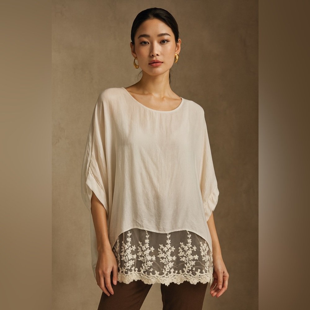 NWT Layered Silk Blouse Flowy Top Sheer Lace Hem Ivory large Romantic Fairycore